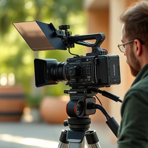 Equipamento de vídeo profissional durante uma filmagem.